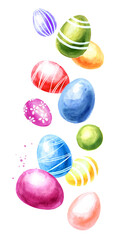 Falling Easter colored eggs. Hand drawn watercolor illustration isolated on white background