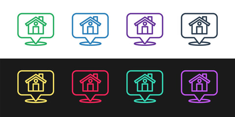 Set line Map pointer with house icon isolated on black and white background. Home location marker symbol. Vector.
