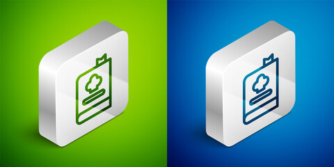 Isometric line Cookbook icon isolated on green and blue background. Cooking book icon. Recipe book. Fork and knife icons. Cutlery symbol. Silver square button. Vector.