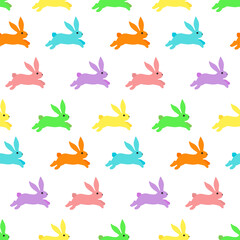 Pattern with multi-colored Easter bunnies. Vector illustration for use in decoration, fabric, scrapbooking and gift wrapping.