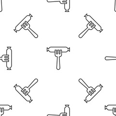 Grey line Sausage on the fork icon isolated seamless pattern on white background. Grilled sausage and aroma sign. Vector.
