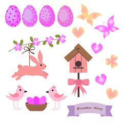 Set with Easter bunny and birds. Icons with attributes for Easter in pink. Vector illustration, For use in decor, invitations, greetings and gifts.