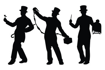 Set of magician silhouette vector on white background, entertaining man concept.