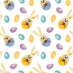 Pattern with cartoon Easter bunnies and flowers. Vector illustration isolated on white background. For use in decor, fabric, scrapbooking and gift wrapping.