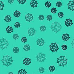 Black line Dharma wheel icon isolated seamless pattern on green background. Buddhism religion sign. Dharmachakra symbol. Vector.