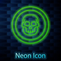 Glowing neon line Mexican skull coin icon isolated on brick wall background. Vector.