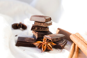 Dark and milk chocolate, cinnamon, aniseed star on a light background. Ingredients for making hot chocolate. The view from the top.