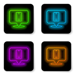 Glowing neon line Phone repair service icon isolated on white background. Adjusting, service, setting, maintenance, repair, fixing. Black square button. Vector.