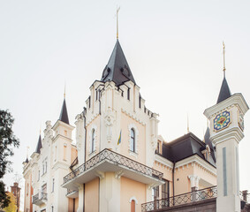 Fototapeta na wymiar A fragment of the beautiful building of the Kiev State Academic Puppet Theater. This first puppet theater in Ukraine is located on the right bank of the Dnieper.