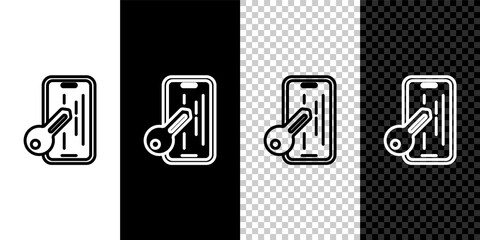 Set line Glass screen protector for smartphone icon isolated on black and white, transparent background. Protective film for glass. Transparent soft glass for mobile phone. Vector.