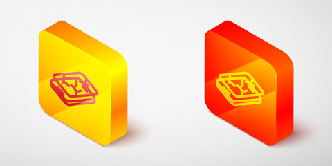 Isometric line Smartphone with broken screen icon isolated on grey background. Shattered phone screen icon. Yellow and orange square button. Vector.