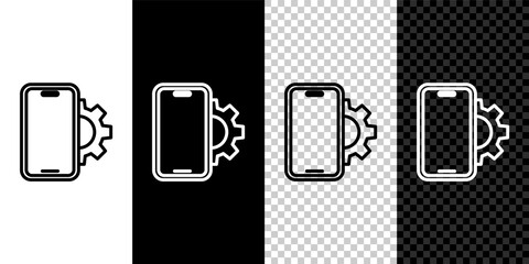Set line Phone repair service icon isolated on black and white, transparent background. Adjusting, service, setting, maintenance, repair, fixing. Vector.