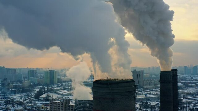 Industrial fatory pipe winter smog smoke weather climate technology