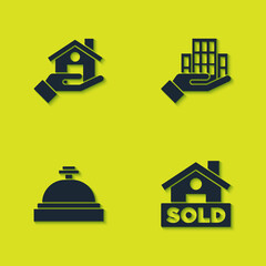 Fototapeta premium Set Realtor, Hanging sign with text Sold, Hotel service bell and Skyscraper icon. Vector.