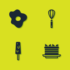 Set Scrambled eggs, Cake, Ice cream and Kitchen whisk icon. Vector.