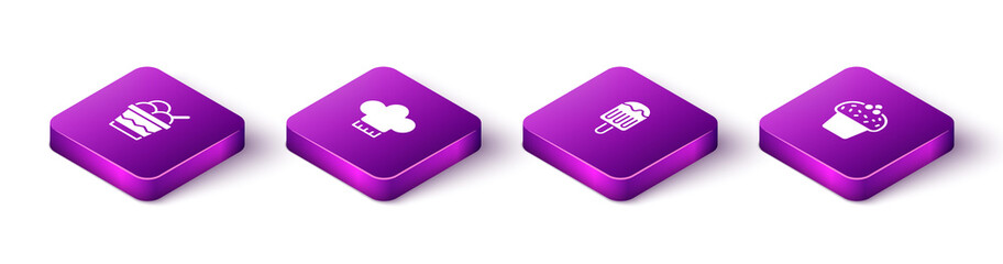 Set Isometric Ice cream in bowl, Chef hat, and Cake icon. Vector.