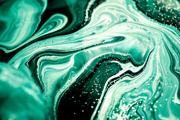 Selective focus. Green malachite creative abstract painted background, wallpaper, acrylic painting on canvas. Texture art. Blue paint with gold glitter powder. Marble background. - obrazy, fototapety, plakaty