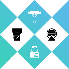 Set Beer belly, Happy man with beer, Sausage on the fork and Wooden barrel rack icon. Vector.