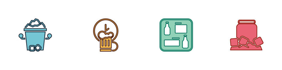 Set Ice bucket, Happy hour, Beer menu and Cold beer can icon. Vector.