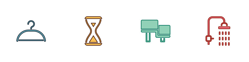Set Hanger wardrobe, Sauna hourglass, wood bench and Shower icon. Vector.