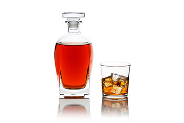 Naklejka na ściany i meble Bottle and glass of scotch whiskey and ice isolated on white background 