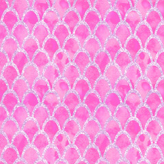 Fish scale decorative watercolor vintage style glow glitter seamless pattern  © onanana