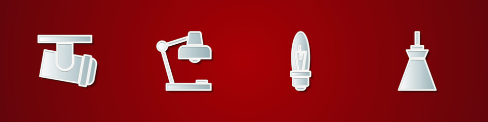 Set Led track lights and lamps, Table, Light bulb and Lamp hanging icon. Vector.
