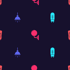 Set Light emitting diode, Chandelier, Wall lamp or sconce and bulb on seamless pattern. Vector.
