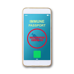 Electronic Immunity passport with a COVID-19 vaccination stamp on a smartphone screen. Isolated. For people vaccinated against COVID-19.