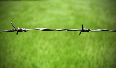 Metal barbed wire against blurred green background