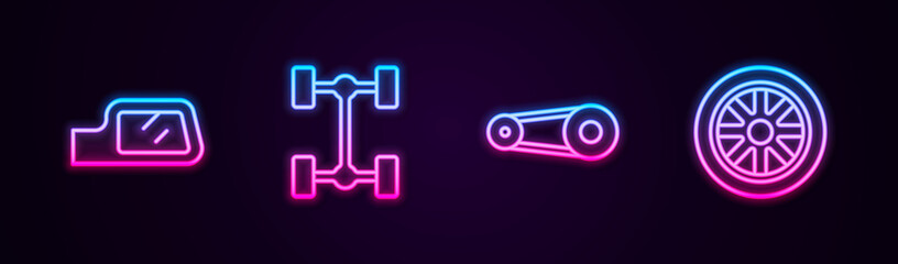 Set line Car mirror, Chassis car, Timing belt kit and wheel. Glowing neon icon. Vector.