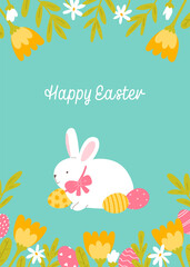 Obraz na płótnie Canvas Easter greeting card. Cute bunny, flowers and Easter eggs on a blue background. Vector illustration in flat style.