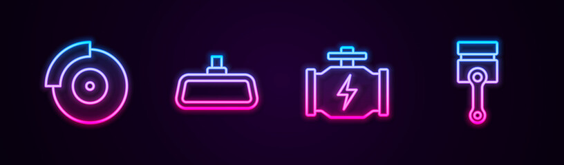 Set line Car brake disk with caliper, mirror, Check engine and Engine piston. Glowing neon icon. Vector.