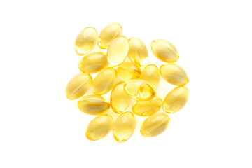 Fish oil gel capsules isolated on white background, top view. Pile of yellow fish oil capsules isolated on white background, top view. Omega-3 fish oil capsules. Close-up of yellow fish oil capsules.