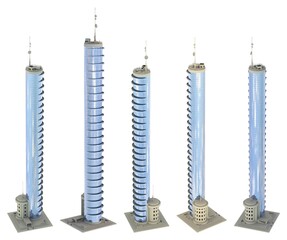 5 view from above renders of fictional design skyscrapers with round walls with blue sky reflections - isolated, 3d illustration of skyscrapers