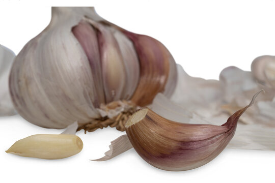 Fresh raw uncooked markor garlic bulb dry leafs together with peel garlic clove dropped shadow isolated white background 
