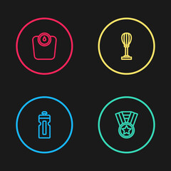 Set line Fitness shaker, Medal, Punching bag and Bathroom scales icon. Vector.