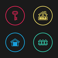 Set line Garage, Garden fence wooden, Hanging sign with text Sold and House key icon. Vector.