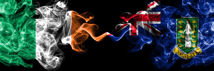 Republic of Ireland, Irish vs Britain, British Virgin Islands smoky mystic flags placed side by side. Thick colored silky abstract smoke flags.