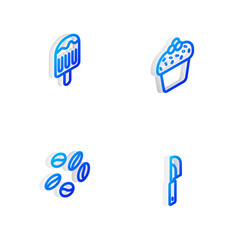 Set Isometric line Cake, Ice cream, Coffee beans and Knife icon. Vector.