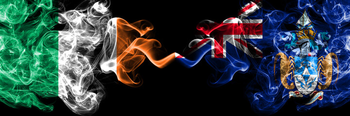 Republic of Ireland, Irish vs British, Britain, Tristan da Cunha smoky mystic flags placed side by side. Thick colored silky abstract smoke flags.