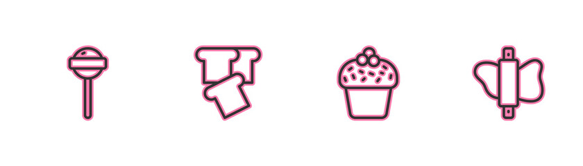Set line Lollipop, Cake, Bread toast and Rolling pin on dough icon. Vector.