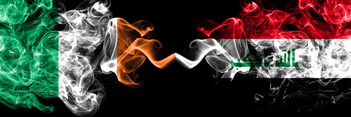 Republic of Ireland, Irish vs Iraq smoky mystic flags placed side by side. Thick colored silky abstract smoke flags.