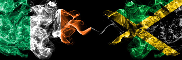 Republic of Ireland, Irish vs Jamaica, Jamaican smoky mystic flags placed side by side. Thick colored silky abstract smoke flags.