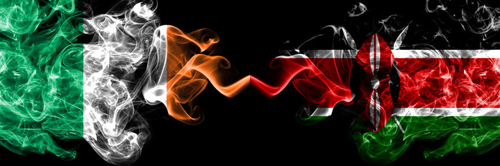 Republic of Ireland, Irish vs Kenya, Kenyan smoky mystic flags placed side by side. Thick colored silky abstract smoke flags.
