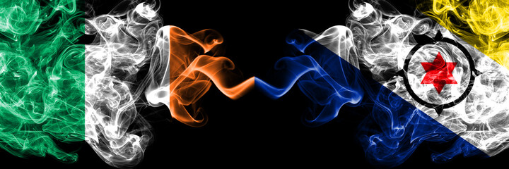 Republic of Ireland, Irish vs Netherlands, Dutch, Holland, Bonaire smoky mystic flags placed side by side. Thick colored silky abstract smoke flags.
