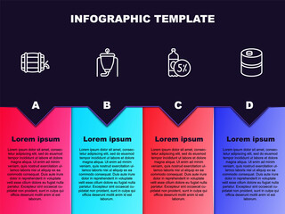 Set line Wooden barrel on rack, Beer brewing process, bottle and Metal beer keg. Business infographic template. Vector.