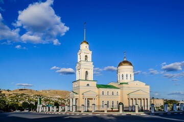 Fototapeta na wymiar Trinity Cathedral at sunset of the September day. The city of Volsk, Saratov region, Russia.