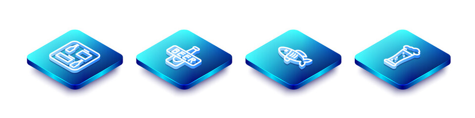 Set Isometric line Beer menu, bottle, Dried fish and Glass of beer icon. Vector.