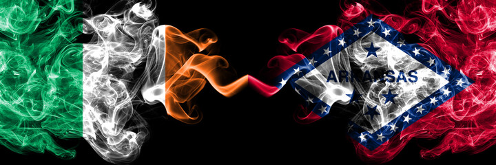 Republic of Ireland, Irish vs United States of America, America, US, USA, American, Arkansas, Arkansan smoky mystic flags placed side by side. Thick colored silky abstract smoke flags.